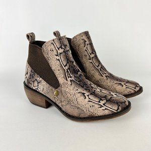 Mia Jaylee Womens Snake Print Faux Suede Ankle Boots Tan Brown Booties size 6